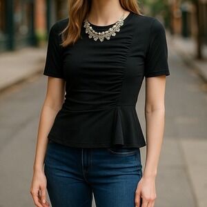 Deletta | Anthropologie Black Asymmetrical Gathered Blouse Small Elevated Office